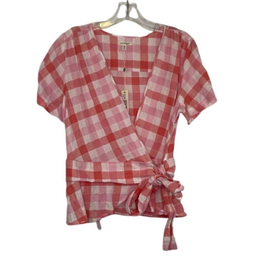 Max Studio Gingham plaid pink peplum wrap blouse size Medium NWT